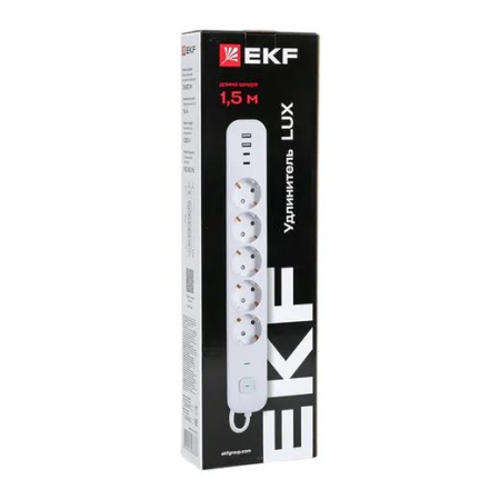 Удлинитель 5-мест 1,5м ПВС 3*1,5 белый выкл EKF  2USB 2,4А+2USBtype-С